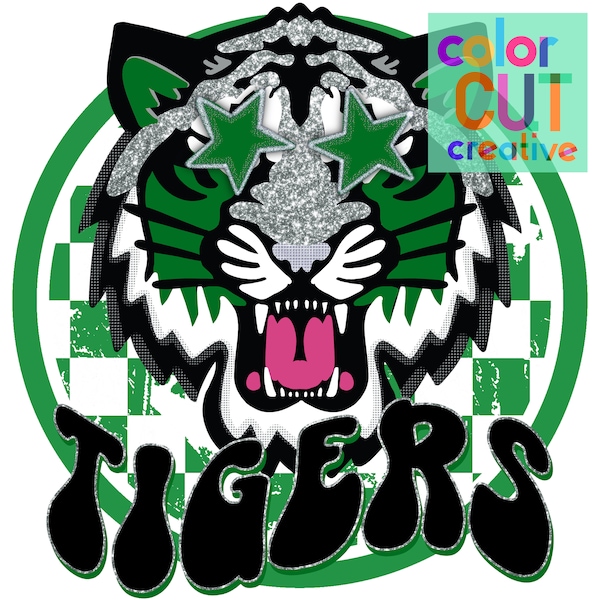 Tigers preppy mascot png | digital download | kelly green black white checkerboard