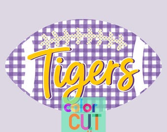 Fútbol americano estilo preppy con estampado de cuadros vichy de los Tigers (PNG/descarga digital/morado, dorado y blanco)