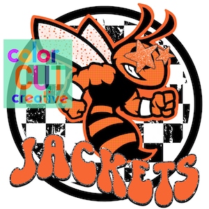 May include: Orange and black cartoon hornet with a checkered background and the word "JACKETS" in orange letters. The hornet has a star-shaped design over each eye.