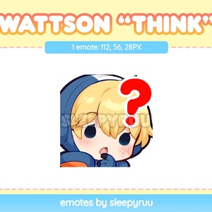 Puede incluir: Una ilustraci&oacute;n de dibujos animados de un personaje con cabello rubio y ojos azules que lleva un mono azul y naranja. El personaje est&aacute; pensando y tiene un signo de interrogaci&oacute;n sobre su cabeza. El texto "WATTSON "THINK"" est&aacute; en la parte superior de la imagen.