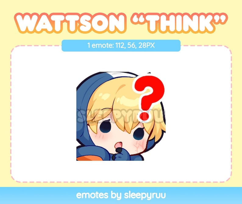 Puede incluir: Una ilustraci&oacute;n de dibujos animados de un personaje con cabello rubio y ojos azules que lleva un mono azul y naranja. El personaje est&aacute; pensando y tiene un signo de interrogaci&oacute;n sobre su cabeza. El texto "WATTSON "THINK"" est&aacute; en la parte superior de la imagen.