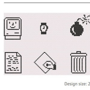 Könnte beinhalten: Ein Kreuzstich-Diagramm mit klassischen Mac-Symbolen, darunter ein Computer, eine Uhr, eine Bombe, ein Ordner, ein Papierkorb, eine Diskette und mehr. Das Diagramm ist für ein Projekt mit 200 x 70 Stichen konzipiert.
