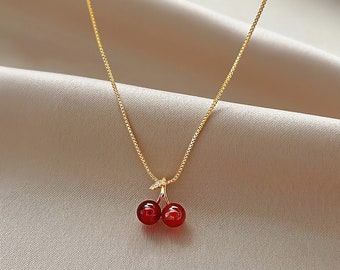 Dainty Cherry Necklace | Elegant Gold Necklace, Minimalistic Pendant Necklace by K&K  • Handmade Gift for Her, Mom, Daughter, or Girlfriend