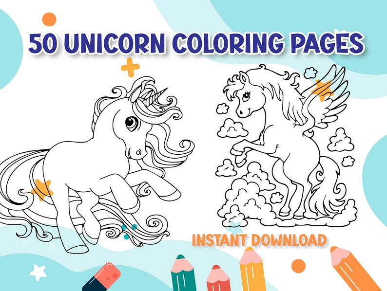 50 UNICORN Coloring Pages, Printable, Instant Download, 50 Unicorn