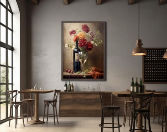 Wine Bottle, Wine Glass and Flowers in a Vase Wall Art Deco, Digital Download, Home Wall Art, Winery Wall Art, Hallway Art, Wine Room Art