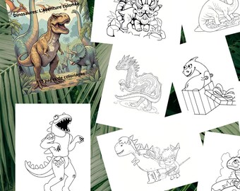 Puede incluir: Un conjunto de páginas para colorear con temática de dinosaurios. La portada presenta un Tyrannosaurus Rex y otros dinosaurios. Las páginas para colorear incluyen varias ilustraciones de dinosaurios, perfectas para actividades creativas infantiles. El texto de la portada dice "Dinosaurs: L'Aventure Colorée" y "13 pages de coloriages."