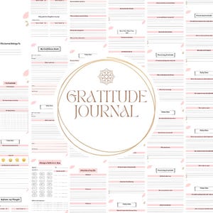Peut inclure: Un journal de gratitude avec un design rose pâle et blanc. La couverture présente les mots "Gratitude Journal" dans une police élégante, entourés d'un cadre circulaire doré. À l'intérieur, les pages sont remplies d'invites et d'espace pour les réflexions quotidiennes.