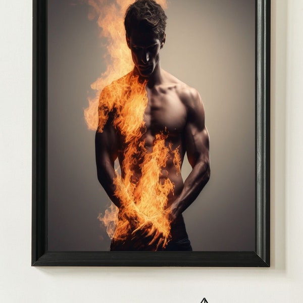 Muscular man on fire prints, Wall art decoration, digital download, Printable male