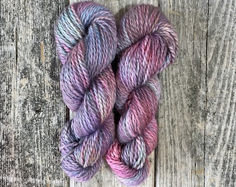 Peacock Ore - Hand dyed 2-ply 100% baby alpaca bulky weight yarn, variegated purple, blue, and pink, 109 yds, 100g