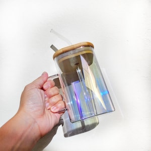 Iridescent Glass Mug| 20oz Modern Glass Tumbler| Cup with Lid and Straw| Rainbow Cup| Square Glass Cup| Hot and Cold Cup| Mug with Lid