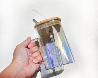 Iridescent Glass Mug| 20oz Modern Glass Tumbler| Cup with Lid and Straw| Rainbow Cup| Square Glass Cup| Hot and Cold Cup| Mug with Lid