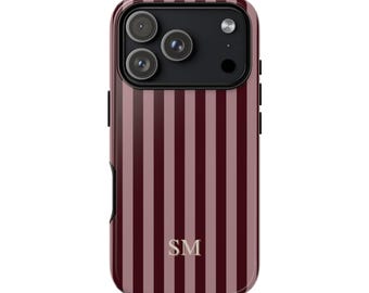Custom Initials Stripe Burgundy Pink Phone Case, Pastel Cream Monogram Cover