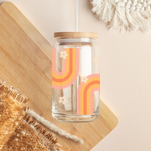Retro Rainbow Beer Can Glass |Aesthetic Coffee Glass |Iced Coffee Can Glass |Retro Daisy Beer Can Glass |16 oz Coffee Glass |Boho Beer Glass