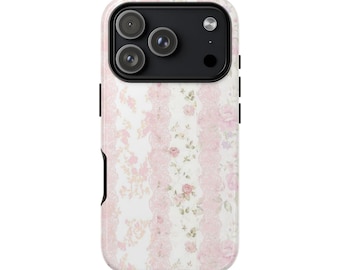May include: A smartphone case featuring a vertical striped pattern of alternating white and soft pink floral designs. The floral sections display small pink roses and green leaves, while the white sections feature a delicate lace-like texture.