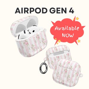 May include: AirPod Gen 4 case with a floral and striped pattern in pink and white. The case is open, showing the white AirPod earbuds. The text "Available NOW" is in a red speech bubble.