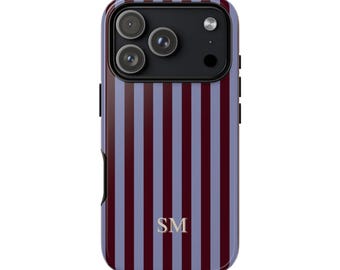 Custom Initials Stripe Burgundy Blue-Lilac Phone Case, Pastel Cream Monogram Cover
