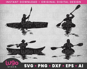 Kajakpaddling Svg-paket | Manlig kajakpaddling siluett | Kajakpaddlare vattensporter hav sjö flod | DIGITAL NEDLADDNING | svg, png, dxf, eps, ai | Cricut