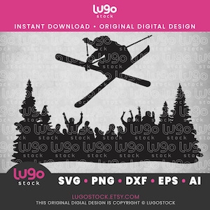 Puede incluir: Silueta en blanco y negro de un esquiador realizando un truco en el aire, con una multitud de personas animando debajo. El esquiador lleva casco y gafas, y los esquís están cruzados en el aire. La multitud está silueteada contra un fondo de árboles.