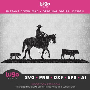 Cowboy Silhouette | Cowboy Riding Horse Herding Calf | Vector Clipart | INSTANT DIGITAL DOWNLOAD | svg | png | dxf | eps | ai | Cricut svg