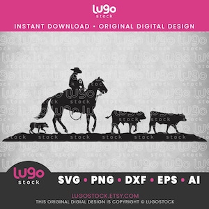 Cowboy Silhouette | Cowboy Riding Horse Herding Calfs | Vector Clipart | INSTANT DIGITAL DOWNLOAD | svg | png | dxf | eps | ai | Cricut svg