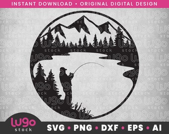 May include: Black and white silhouette of a person fishing in a lake with mountains in the background. The image is in a circle.