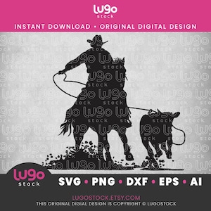 May include: Silhouette of a cowboy riding a horse and roping a calf. The cowboy is wearing a hat and is holding a rope in his right hand. The horse is running to the right and the calf is running to the left. The background is a gray textured surface.
