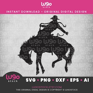 May include: Black silhouette of a cowboy riding a bucking horse. The cowboy is wearing a hat and has a lasso in their hand. The horse is rearing up on its hind legs.