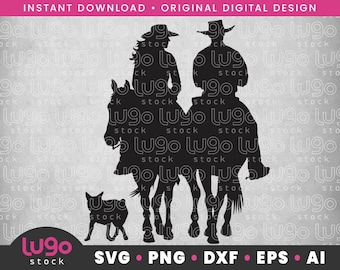 Silueta de vaquero y vaquera / Vaquera montando a caballo / Clipart vectorial / DESCARGA DIGITAL INSTANTÁNEA / svg / png / dxf / eps / ai / Cricut svg