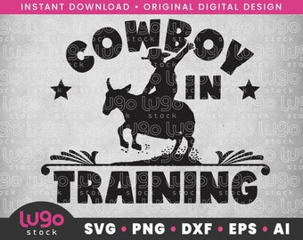 May include: Black and white silhouette design of a cowboy riding a bucking bronco with the text "Cowboy in Training" and two stars.