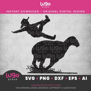 May include: Black silhouette of a cowboy riding a sheep. The cowboy is falling off the sheep, with his legs in the air. The sheep is running to the right. The image is on a gray background with the text "LU90 stock" in the bottom left corner and "SVG PNG DXF EPS AI" in the bottom center.