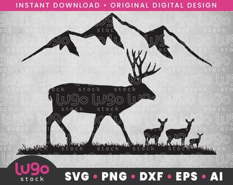Deer SVG | Mule Deer Buck Silhouette | Vector Clipart | DIGITAL DOWNLOAD | svg | png | dxf | eps | ai | Cricut svg | Buck Doe Mountain Scene