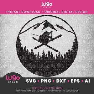 May include: Black and white silhouette of a skier jumping over a mountain range with a forest in the background. The image is in a circle with a white outline.