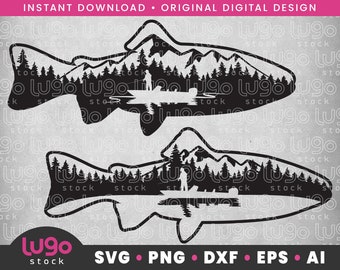 May include: Black and white digital design featuring two fish silhouettes. Each fish contains a mountain and forest scene with a person fishing from a boat. The design includes the text "INSTANT DOWNLOAD • ORIGINAL DIGITAL DESIGN".