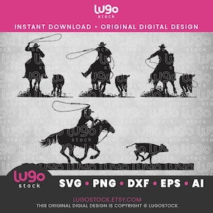 May include: A black silhouette digital design showing cowboys on horseback roping cattle. The image includes the text "INSTANT DOWNLOAD • ORIGINAL DIGITAL DESIGN" and file type icons. The Etsy shop name is also included.