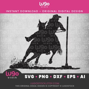May include: Black and white silhouette of a cowgirl riding a horse and jumping over a barrel. The image is a digital design for crafting projects.