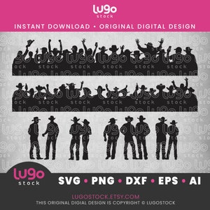 Puede incluir: Silueta de una multitud de personas con sombreros de vaquero, animando y levantando las manos al aire. La imagen está en blanco y negro y es adecuada para usar como diseño digital.