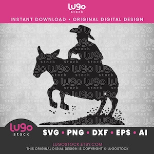 May include: Black silhouette of a person riding a donkey. The person is wearing a cowboy hat and the donkey is bucking. The image is set against a white background.