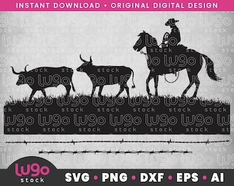 Cowboy Silhouette | Vector Clipart | INSTANT DIGITAL DOWNLOAD | svg | png | dxf | eps | ai | Cricut svg | Cowboy Riding Horse Herding Cows