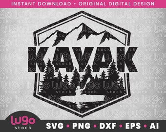Woman Kayaking Svg | Kayaking Mountain Lake River Scene Logo | Kayak Silhouette | DIGITAL DOWNLOAD | svg, png, dxf, eps, ai | Cricut svg