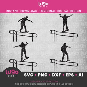 May include: Four black silhouette images of a skateboarder performing tricks on a rail. The skateboarder is in various poses, including a kickflip, a grind, and a ollie. The images are set against a white background.