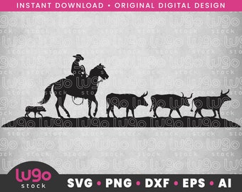 Cowboy Silhouette | Cowboy Riding Horse Herding Cows | Vector Clipart | INSTANT DIGITAL DOWNLOAD | svg | png | dxf | eps | ai | Cricut svg