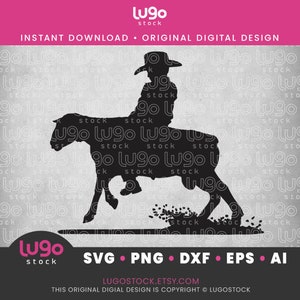 May include: Black silhouette of a cowboy riding a bucking horse. The cowboy is wearing a hat and boots. The horse is rearing up on its hind legs. The image is a digital design for a cut file.