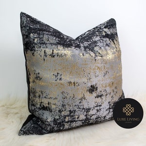 Luxe Metallic Silver Pillow Cover with Organic Gold and Black Woven Pattern (No Filling) | Designer Luxury Jacquard Pillow Cushion Cover