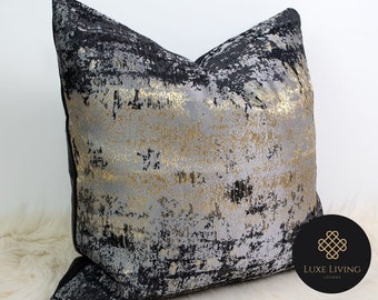 Luxe Metallic Silver Pillow Cover with Organic Gold and Black Woven Pattern (No Filling) | Designer Luxury Jacquard Pillow Cushion Cover