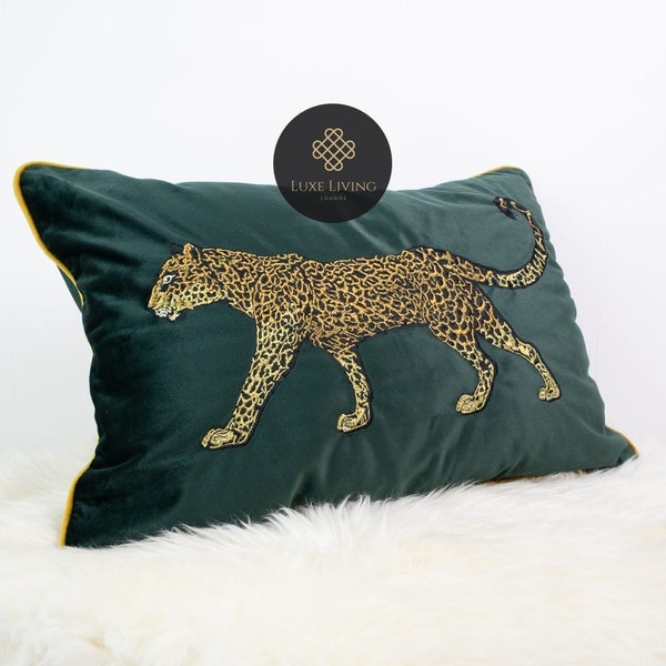 Luxe Dark Green Velvet Pillow Cover With Embroidered Golden Leopard/Jaguar/Cheetah (No Filling) | Jungle Animal Luxury Accent Throw Pillow