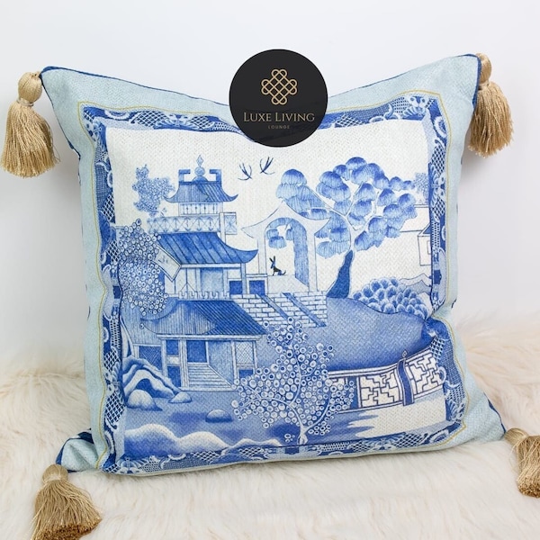 Luxe Retro Chinoiserie Chic Blue and White Pillow Cover With Yellow Tassels (No Filling) | Luxury Oriental Garden Accent Throw Pillow