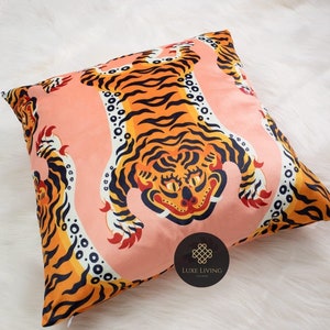 Luxe Vintage Tibetan Tiger Velvet Throw Pillow Cover (No Filling) | Luxury Designer Retro Tiger Accent Pillow | Decorative Animal Print