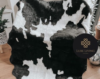 Black and White Faux Fur Cowhide Rug | Modern Scandi, 6.6 x 5.3 ft