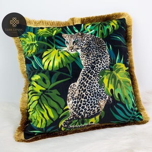 Luxe Rainforest Leopard Velvet Pillow Cover (No Filling) | Luxury Jungle Animal Accent Pillow | Decorative Designer Tropical Pillow