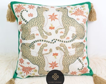 Luxe Leopards Chenille Pillow Cover With Tassels (No Filling) | Luxury Jungle Leopard Accent Pillow | Decorative Jungle Animal Pillow